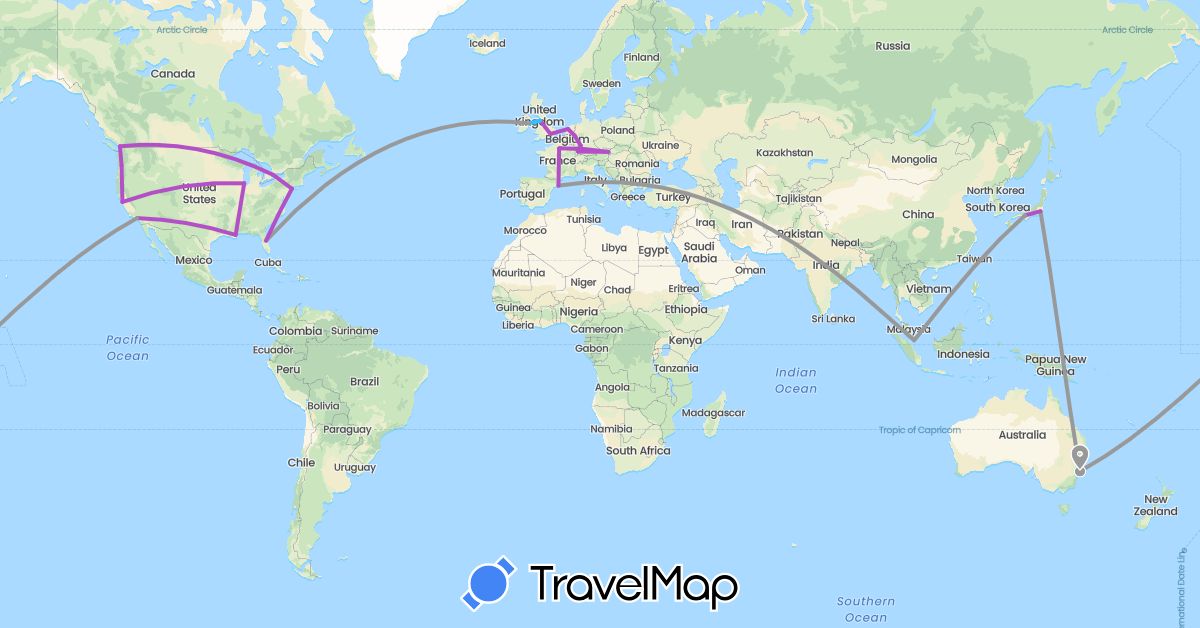 TravelMap itinerary: driving, plane, train, boat in Austria, Australia, Canada, Germany, Spain, France, United Kingdom, Ireland, Japan, Netherlands, Singapore, United States (Asia, Europe, North America, Oceania)